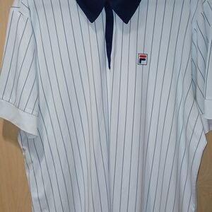 Fila White Polo with Navy Pinstripes and Navy Collar